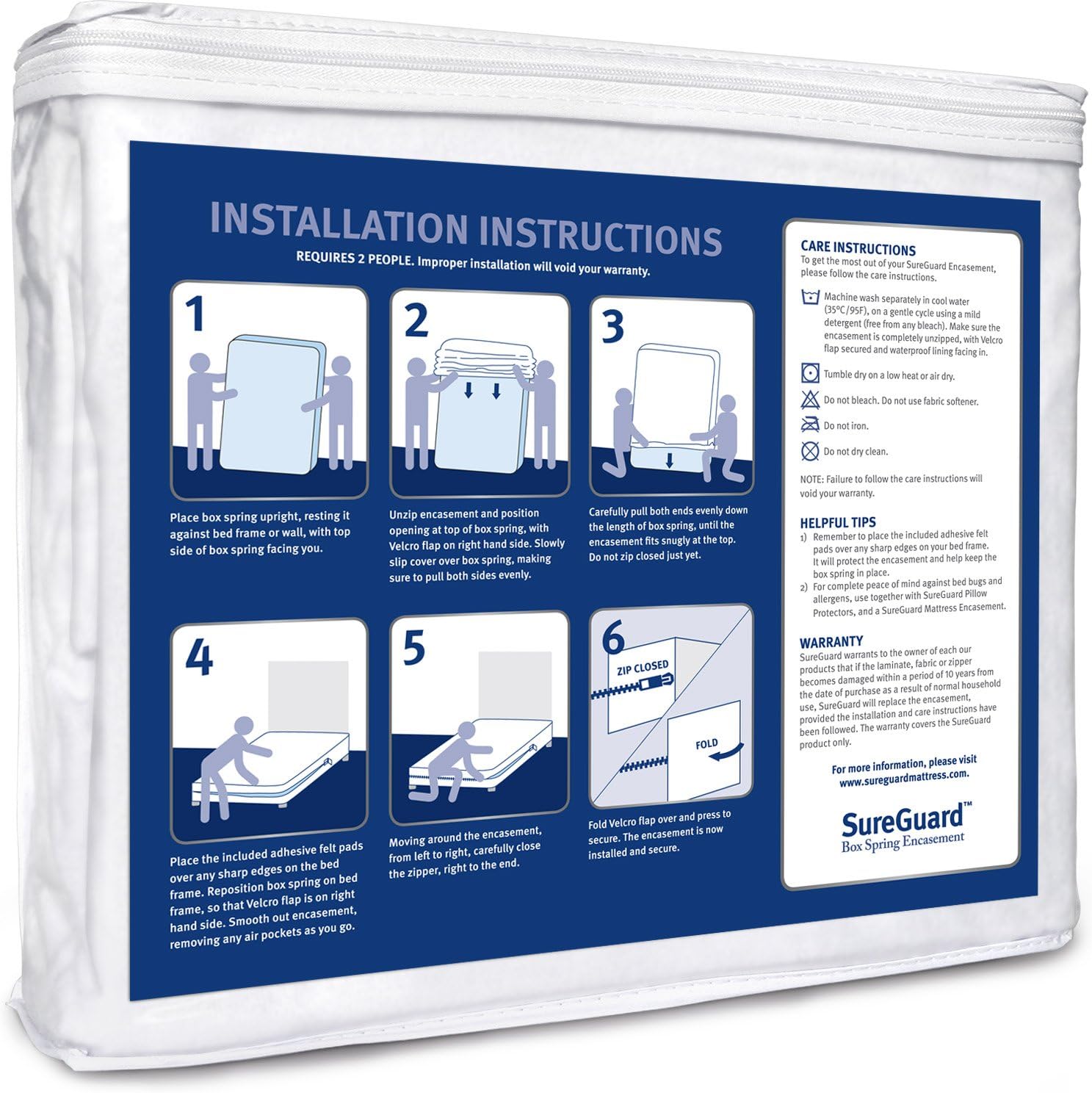 Full Size SureGuard Box Spring Encasement - 100% Waterproof, Bed Bug Proof, Hypoallergenic - Premium Zippered Six-Sided Cover