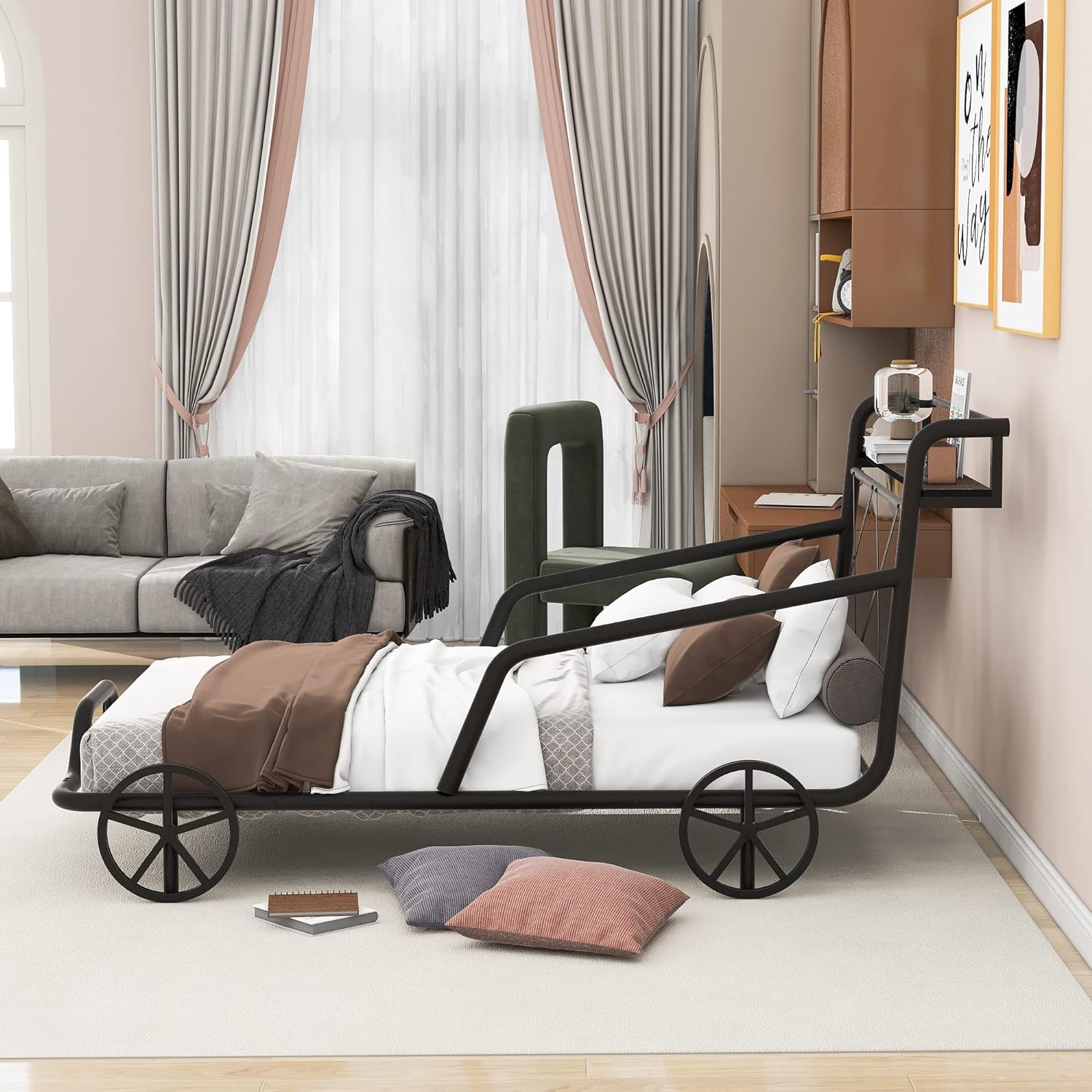 Size Metal Car Bed With Four Wheels For Boys Girls, Guardrails Ad X-Shaped Frame Shelf, Black