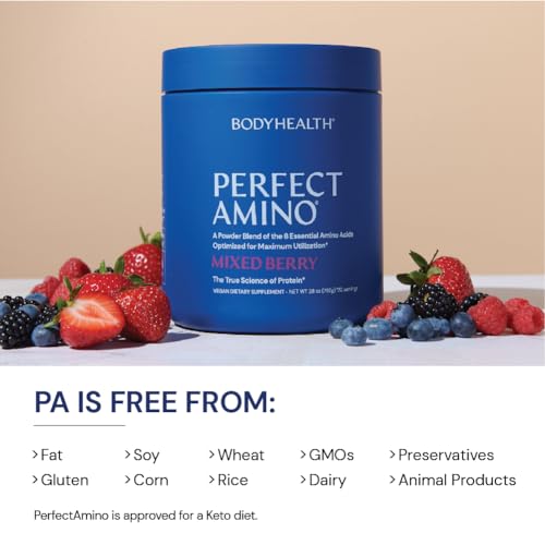 BodyHealth PerfectAmino Powder Mixed Berry (120 Servings) Best Pre/Post Workout Recovery Drink, 8 Essential Amino Acids Energy Supplement with 50% BCAAs, 100% Organic, 99% Utilization