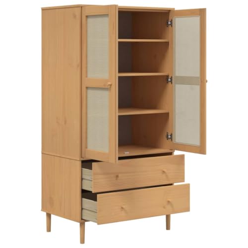 Wardrobe Rattan Look Brown 35.4"x21.7"x68.9" Solid Wood Pine,Pine Wood Wardrobe with Ample Storage and Rattan Look for Boho Decor Armoires & Wardrobes for Bedroom