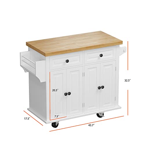 Kitchen Island Cart on Wheels with Wood Top and Drop Leaf Breakfast Bar, Rolling Kitchen Trolley with 2-Door Storage Cabinet, 3 Drawers, Towel and Spice Rack 43.31"x16.93"x36.02", White