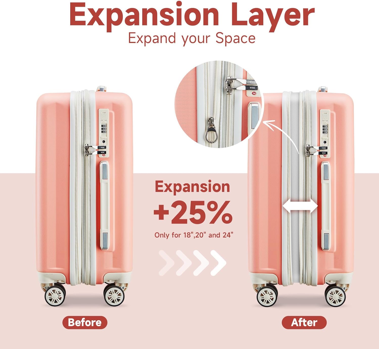 imiomo Luggage Sets 4 Piece Expandable Luggage Set with 2 toiletry bags , Hardside Carry on Suitcase with USB Port Cup Holder, Travel Luggage Suitcase with Spinner Wheels TSA Lock, Pink Beige