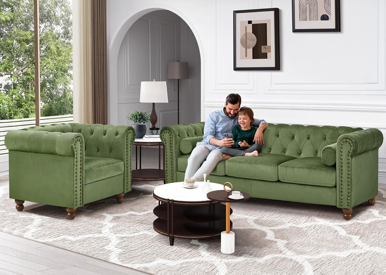 Antetek 3 Seater Couch, 80" Classic Upholstered Chesterfield Sofa, Button Tufted Velvet Couch with Deep Seat for Living Room, Farmhouse, Green