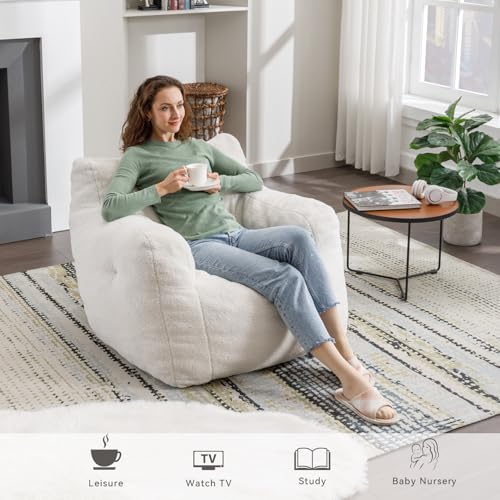 Bean Bag Chair for Adults, Giant Bean Bag Sofa Chair with Armrests, Teddy Plush Lazy Sofa Comfy Chair, Big Comfy Chair with Pocket, for Livingroom Bedroom Apartment (Ivory)