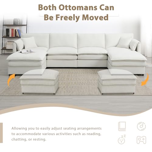 134" Oversized Modular Sectional Sofa, Modern U Shaped Cloud Couch Set with Double Cushions, Comfy Chenille 6 Seat Sleeper Sofa Bed with 2 Ottomans for Living Room, Bedroom, Office (Cream)