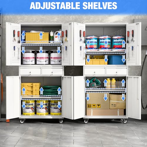 73" H Metal Storage Cabinet with Wheels, Garage Storage Cabinet with 4 Adjustable Shelves and Lockable Doors for Garage Home Office Utility Room,Required Assembly,Black