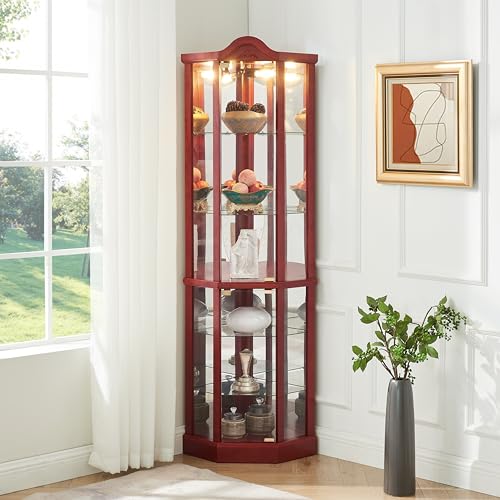 AMNOOL Glass Cabinet Lighted - Antique Style Corner Curio Display Cabinet with Adjustable Shelves - Ideal for Wine, Books, and Collectibles - Push-to-Open Doors with Elegant Illumination (Cherry)