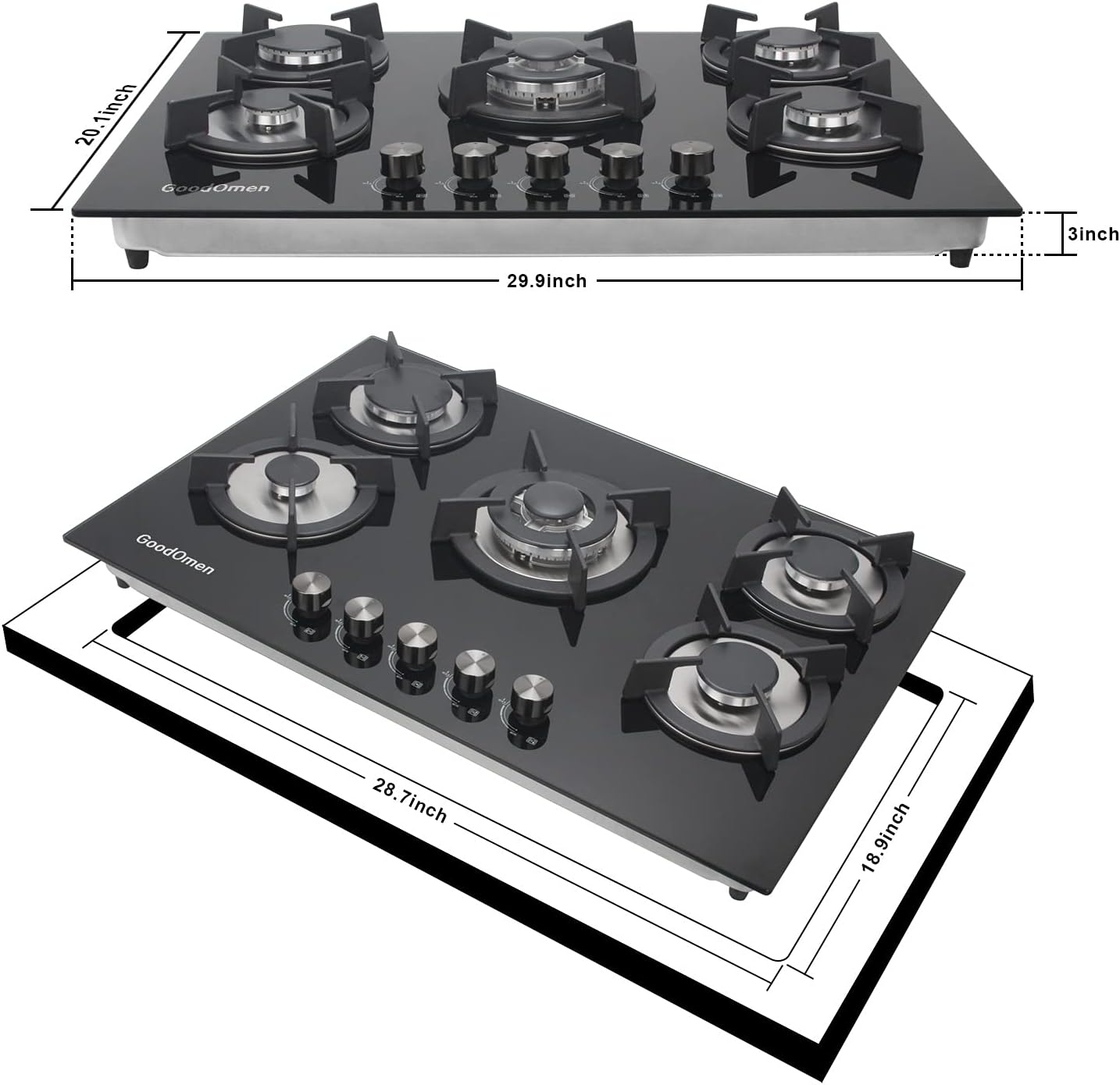 Gas Cooktop 36 inch with 5 Sealed Burners in Stainless Steel, Built-in Stovetop with Thermocouple Protection, Gas Stove Top with Cast Iron Grates, Gas Hob with LPG/NG Convertible and Easy to Clean