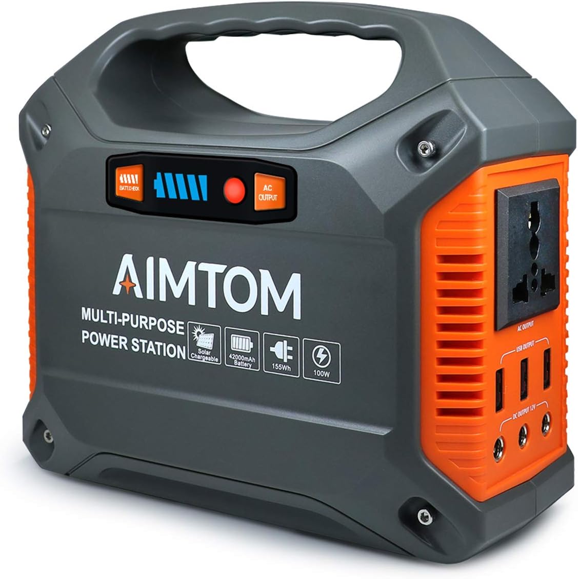 AIMTOM 155Wh Portable Power Station, Solar Rechargeable Lithium Battery Backup Power Supply with 110V/100W (Peak 150W) AC Inverter Outlet, USB Ports, DC Output for Outdoors Camping Travel Emergency