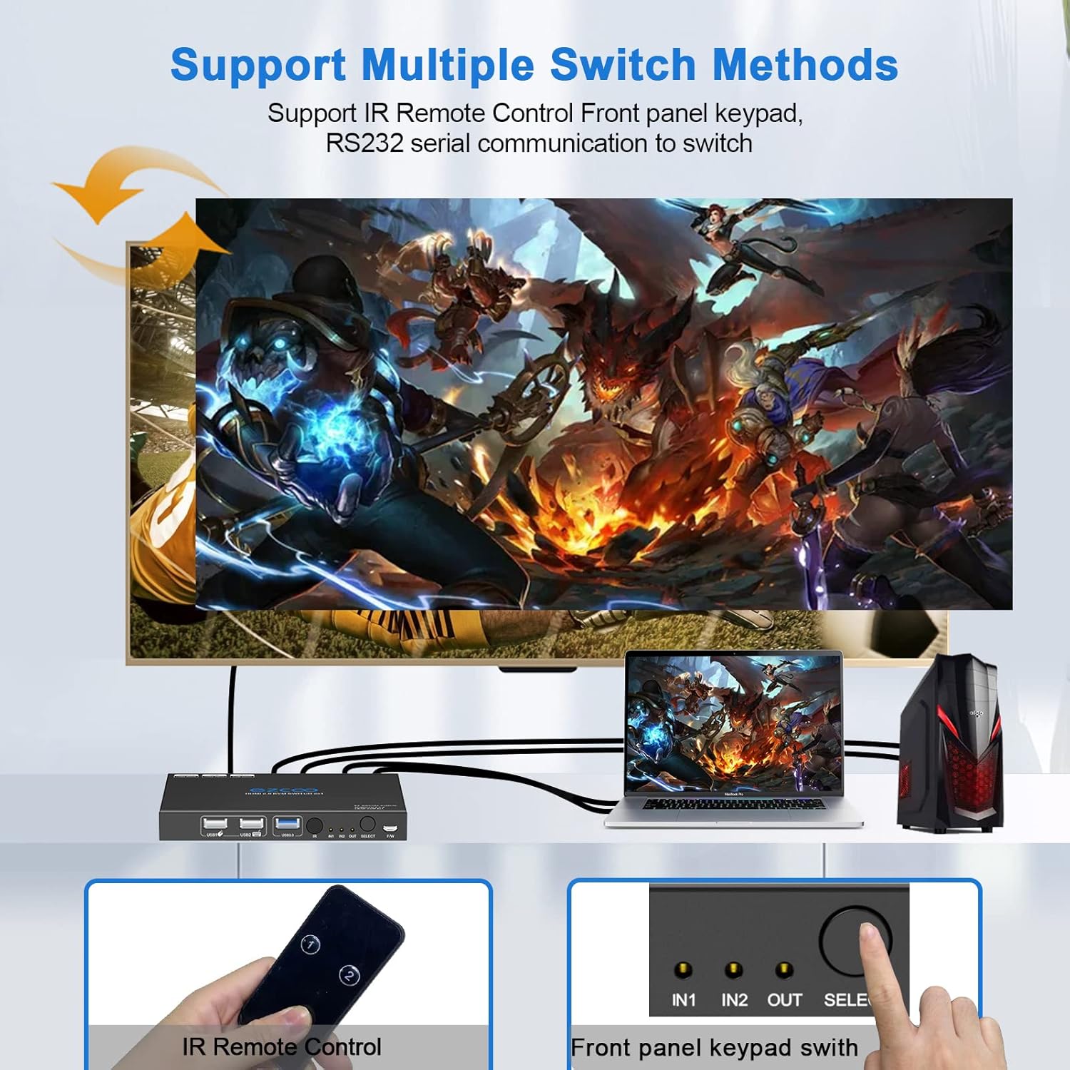 USB 3.0 KVM Switch HDMI 2-Port 4K60 4:4:4 HDR Atmos 1 Monitor with Stereo Audio Extractor Mic IR Remote - for 2 Computers Share Keyboard Mouse Printer, 2 USB3.0 Cables,USB Selector Hub SW21KVM