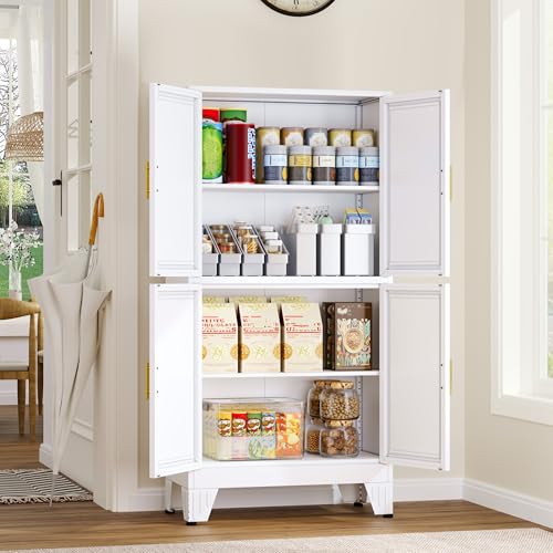 75.2" Tall Metal Pantry Cabinet, Storage Cabinets with 4 Door and 4 Adjustable Shelves, Black Kitchen Pantry Storage Cabinet, Freestanding Cupboard for Kitchen Dining Room Living Room Bathroom
