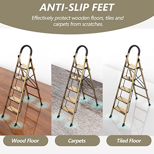 SOLADDER 5 Step Ladder, Folding Step Stool, Lightweight Aluminum Foldable Black Ladder for 10 Foot High Ceiling with Anti-Slip Wide Sturdy Pedal and Handgrip, Multi-Use for Home (300 lbs Capacity)