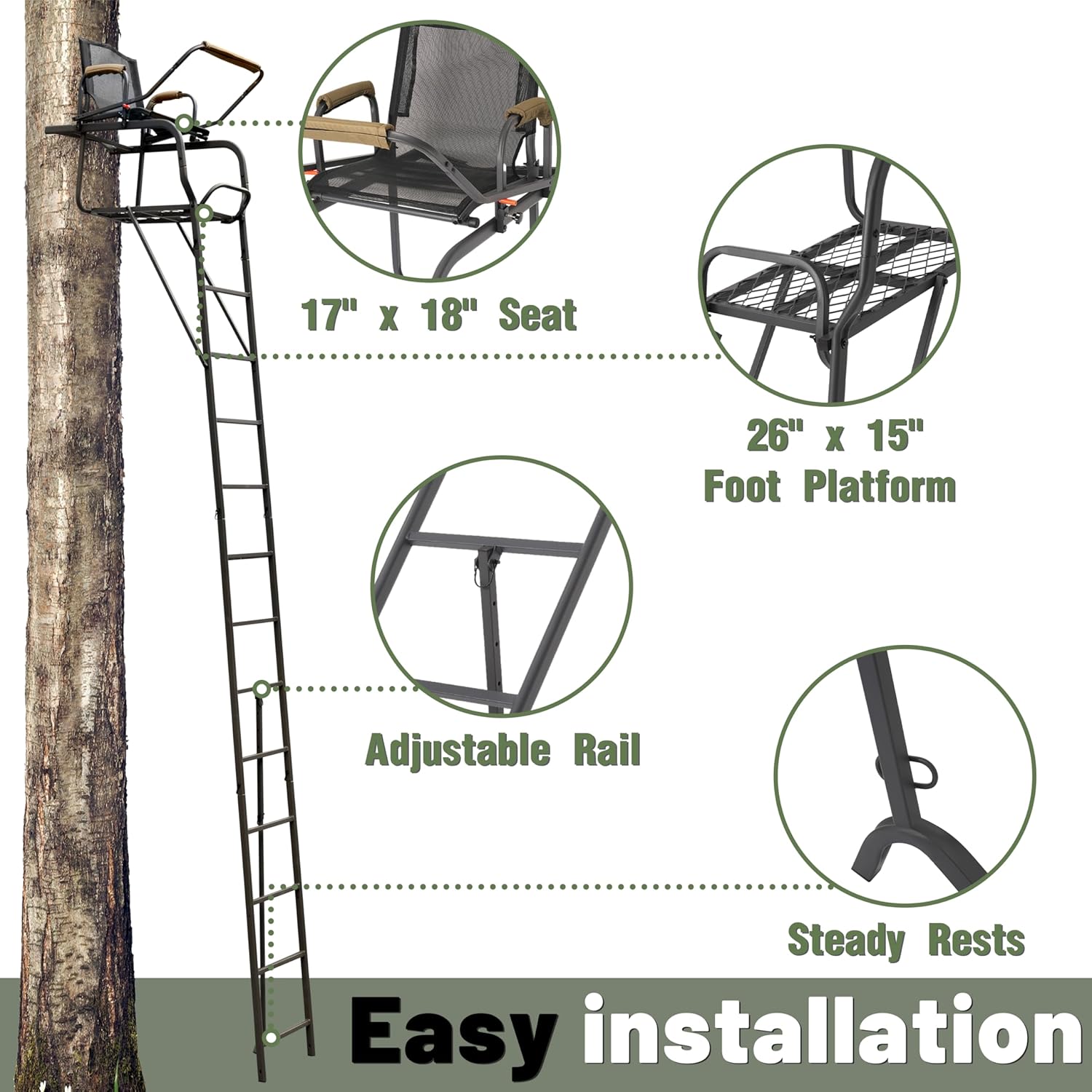 KUAFU 15.5' Ladder Tree Stand Single Ladder Stand Hunting Game Deer with Mesh Seat Hunting Gear Equipment Steel