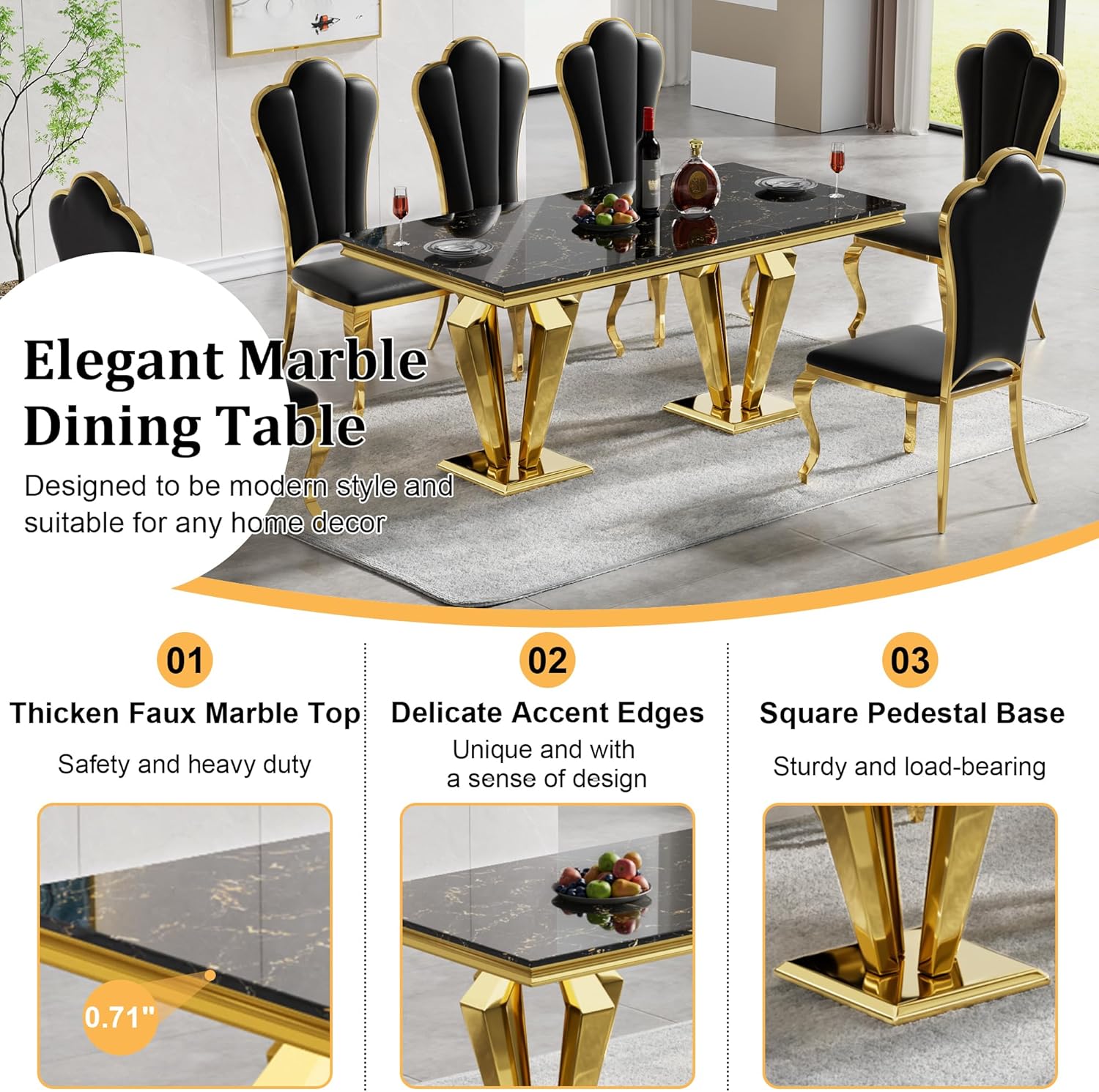 Modern Dining Room Table Set for 6, Marble Dining Table Set for 6, 70" Black Gold Marble Dining Table with 6 Upholstered PU Leather Chairs, 7 Piece Dining Table Set for Dining Room Kitchen