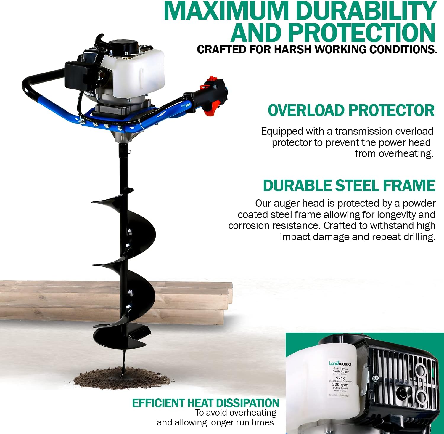Landworks Earth Auger Power Head Heavy Duty 3HP 52cc 2 Stroke Gas Engine w/Steel 8"x24" Bit w/Fishtail One Man Post Hole Digger for Planting, Earth Burrowing/Drilling & Fences