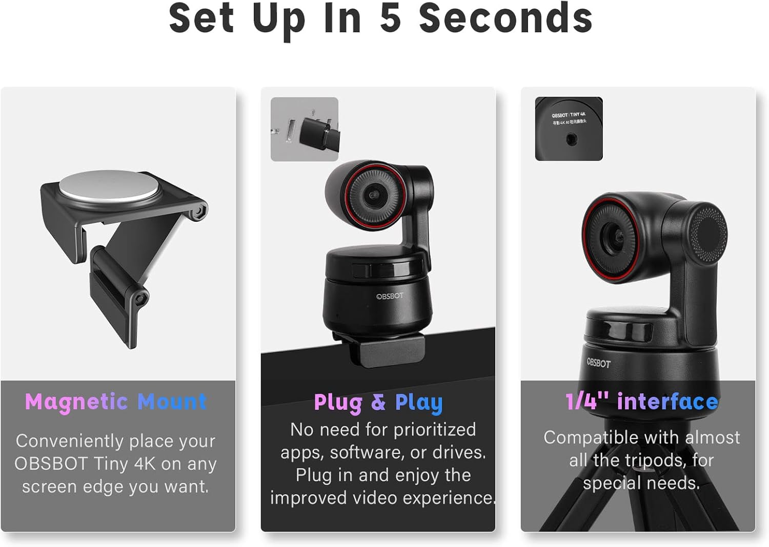 Obsbot Tiny 4K PTZ Webcam, AI-Powered AI-Tracking Auto-Framing Gesture Control HDR 4K Webcam with Dual Omni-Directional Mic 4X Zoom in/Out for Video Meeting Remote Class Live Streaming