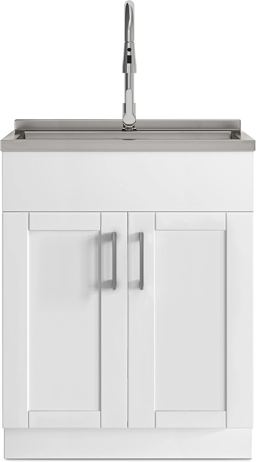 SIMPLIHOME Modern Wide Shaker Transitional 28 Inch Laundry Cabinet with Faucet and Stainless Steel Sink in White, For the Laundry Room and Utility Room