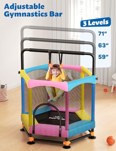 60" Trampoline for Kids, Twinkoo 5FT Fortified Toddler Trampolines with Anti-Rollover Bottom, Indoor/Outdoor Toddler Trampoline with Safety Enclosure, Adjustable Gymnastics Bars, Basketball Hoop