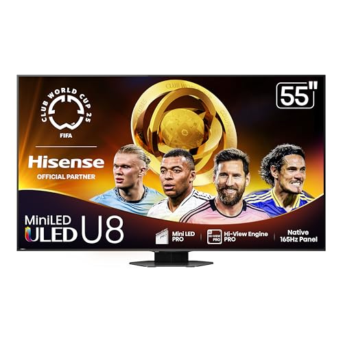 Hisense 55" Class U8 Mini-LED ULED 4K UHD Google Smart TV (55U8QG, 2025 Model) - QLED, Native 165Hz, VRR 288, Up to LD5600, 5000 Nits, HDR10+, Dolby Vision IQ · Atmos, IMAX Enhanced, 4.1.2 Ch Audio