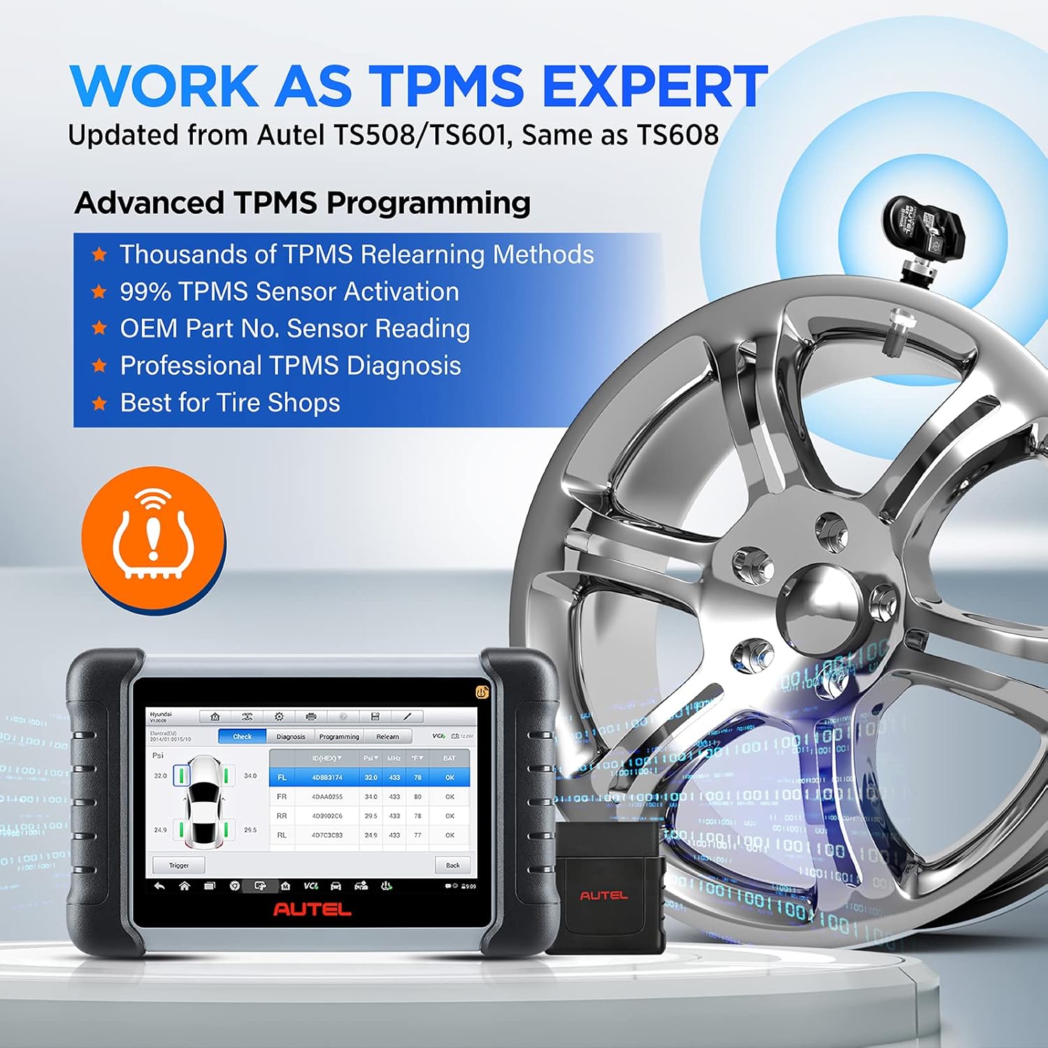 Autel Scanner MaxiCOM MK808TS + MX-Sensor, Combination of Autel MK808BT and TS608, OE-Level TPMS Scan Tool with 28+ Service Functions, All Systems Diagnoses, Activate/Program/Relearn TPMS Sensors