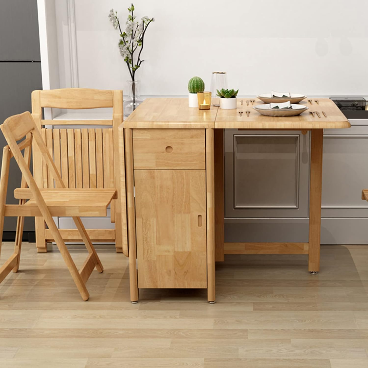 Kitchen Table, Folding Dining Table, Solid Wood Drop Leaf Table, Space Saving Compact Dining Room Table (A) (B)