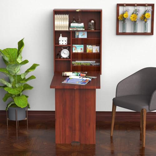 Wall Mounted Desk Cabinet - Fold Out Convertible Desk - Folding Work Table - Floating Desk with Storage Shelves - Multifunctional Writing Desk - Space Saving and Water Resistant - Mahogany