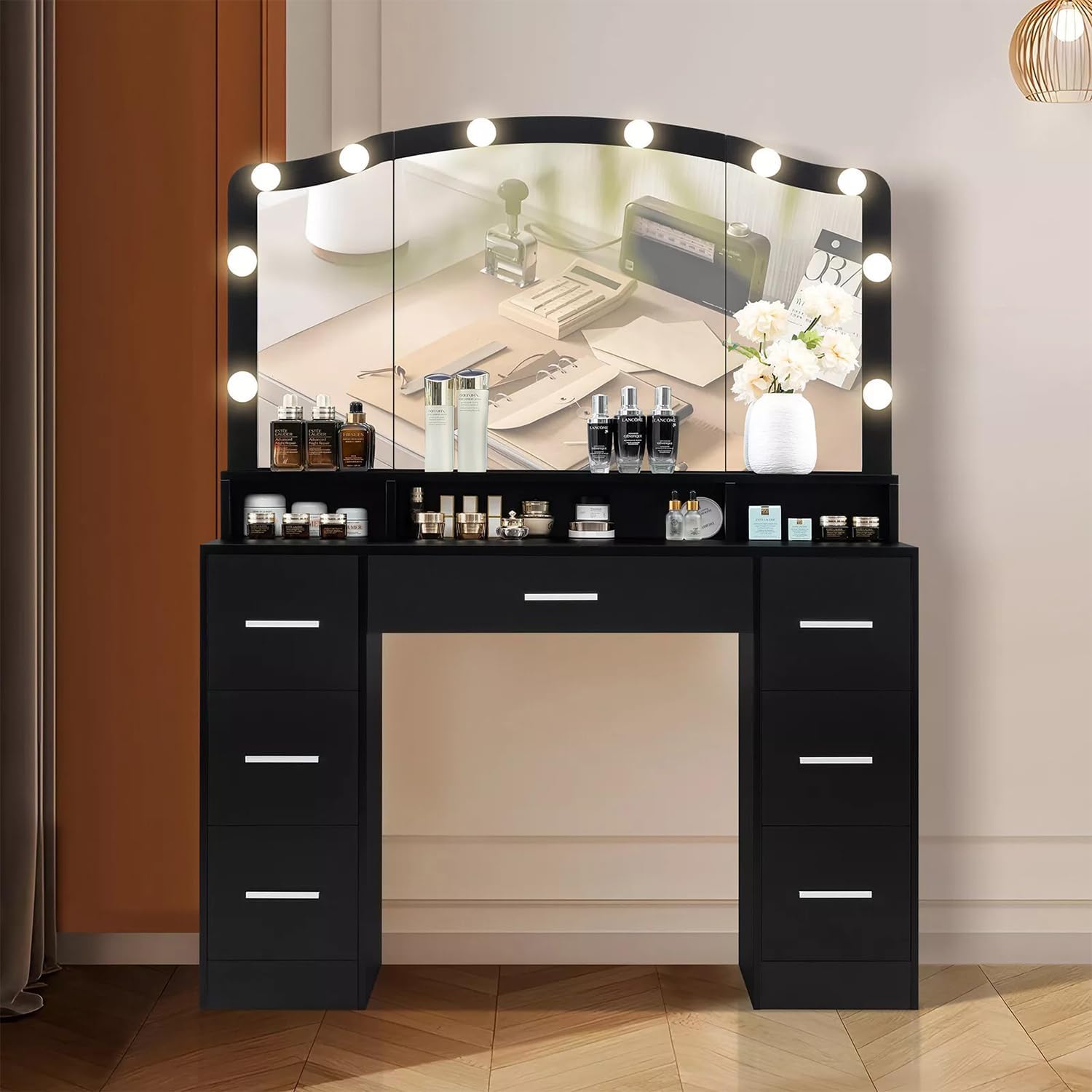 Modern 43.3 inches Black Vanity Desk with Large Lighted Mirror Makeup Vanity Table LED Lights 7 Drawers Storage Shelf Shelves Dressing Drawer Dresser Bedroom Home Wood New