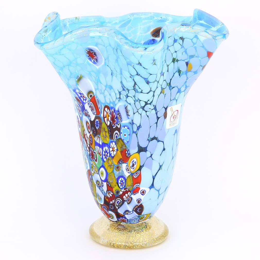 Murano Glass Millefiori Fazzoletto Vase - Aqua