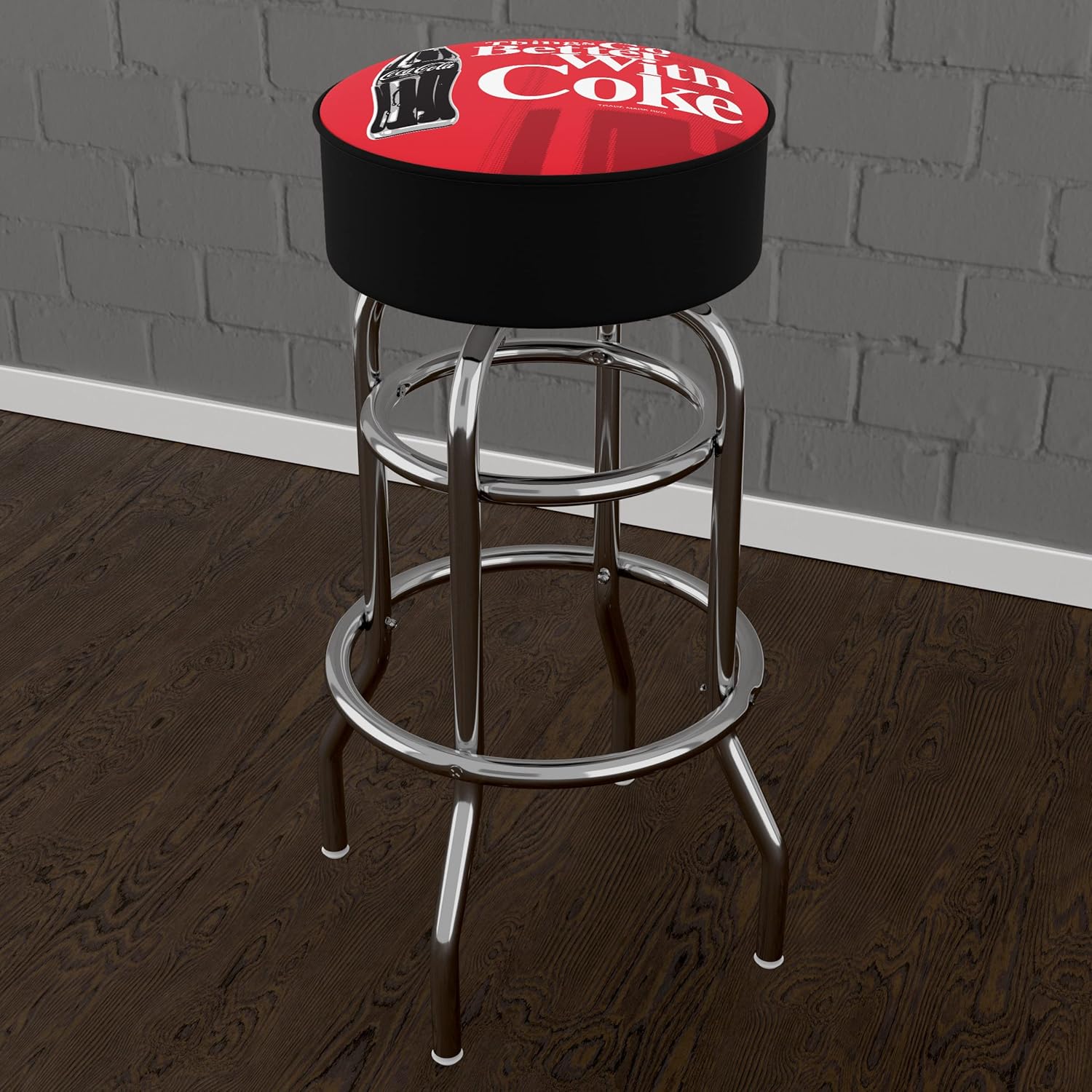 Bar Stool - Coca-Cola Things Go Better with Coke Bottle Art Stool with Foam Padded Seat - Swivel Chair for Game Room, Garage, or Home Bar by Trademark Gameroom