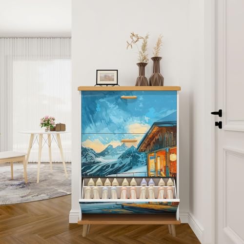 3 Drawer Shoe Cabinet, Artistic Shoe Cabinet, Mid Century Modern Mountain Birch Art Wood Shoe Rack Organizer for Entryway Slim (31.5”W x 9.45”D 46”H)