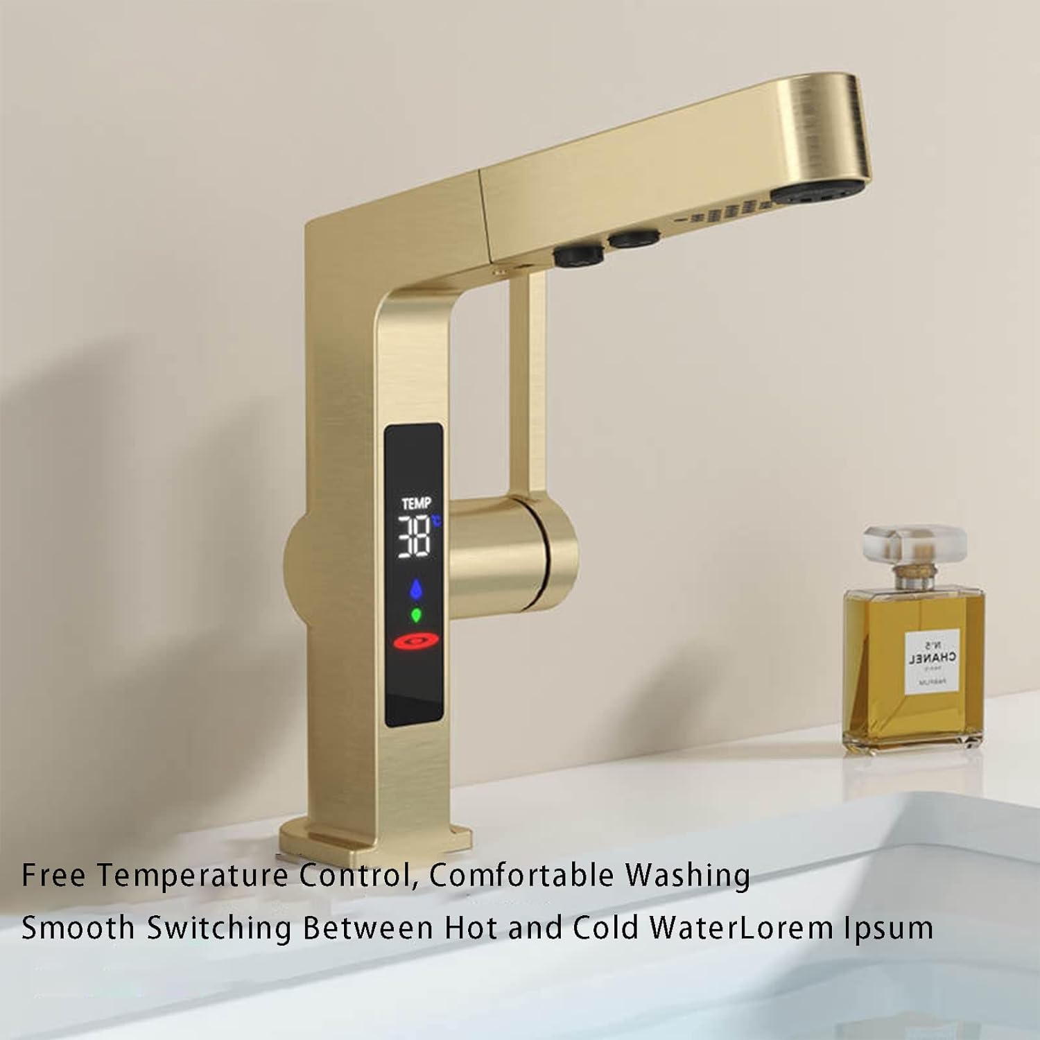 Sink Taps Mixer Tap, Bathroom Faucet with LED Digital Display, Bathroom Sink Faucet with 2- Modes Pull Down Sprayer, Brass Single Handle Basin Mixer Tap,Gray (Color : Rose Gold) (Bianco)