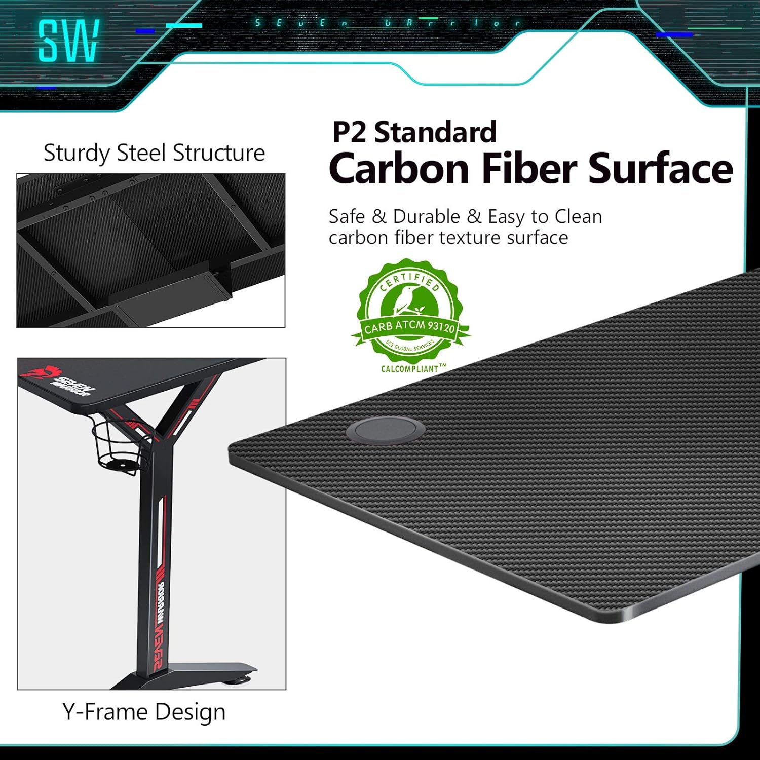 Seven Warrior Gaming Desk 55INCH with Power Outlet & Dual Monitor Mount, Carbon Fiber Surface Computer Gamer Desk with Full Desk Mouse Pad, Ergonomic Y Shaped Gamer Table with Outlet Organizer