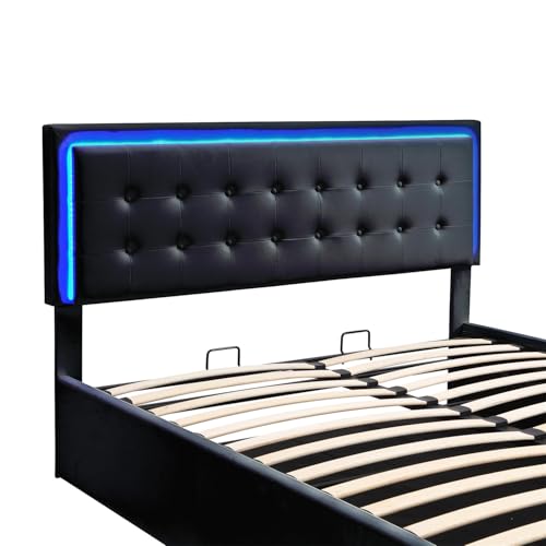 3Pcs Bedroom Set, Queen Size Upholstered Bed with LED Headboard, Hydraulic Storage Under Bed, 2 PU Nightstand with Drawers and Crystal Decoration, White