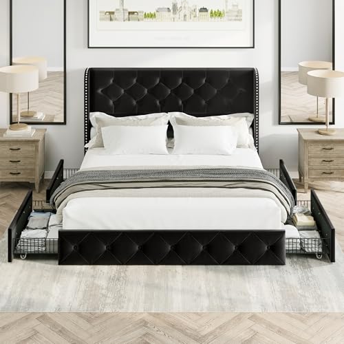 Bed Frame King Size with Storage Drawers and Tufted Headboard, Velvet Upholstered Platform Bed Wingback Bed Frame with Wood Slats, No Box Spring Needed, Black