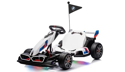 Licensed BMW Electric Go Kart for Kids Ages 6-12, 24V 9AH Drift Kart with Two 200W Motors, LED Lights, Drift Mode& 2 Speed Modes, Adjustable Seat (White)