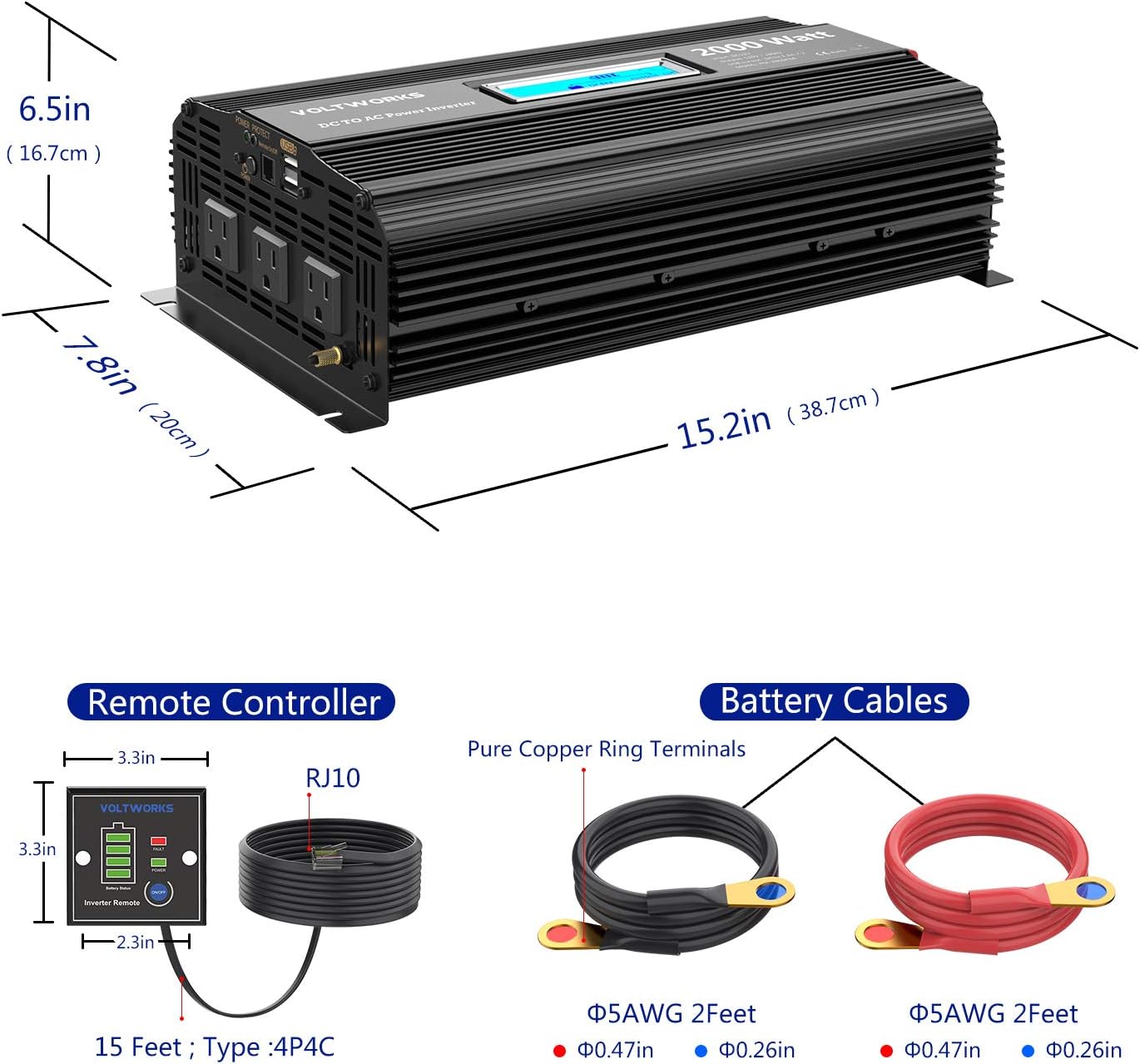 Power Inverter 2000w DC 12V to AC 120V Modified Sine Wave Inverter 2000 watt with LCD Display Remote Control and 3AC Outlets Dual 2.4A USB Ports for Car RV Truck Boat[3 Years Warranty] by VOLTWORKS