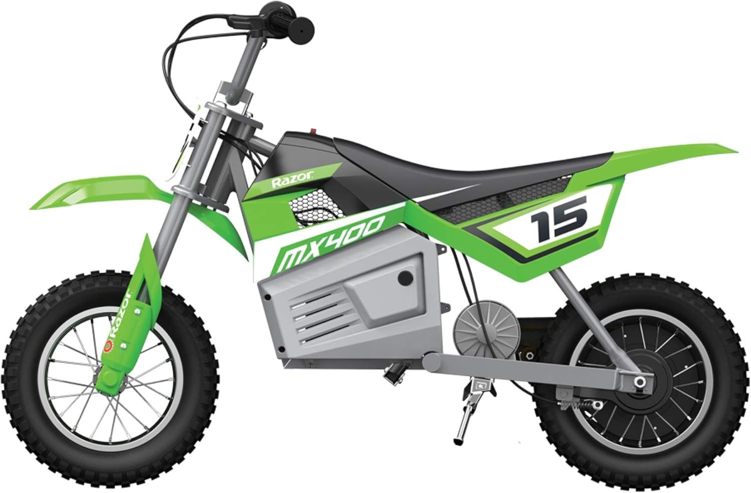 Razor MX350 and MX400 Dirt Rocket 24V Electric Motocross Motorcycle Dirt Bike with Hand-Operated Brakes and Retractable Kickstand, 1 Blue & 1 Green
