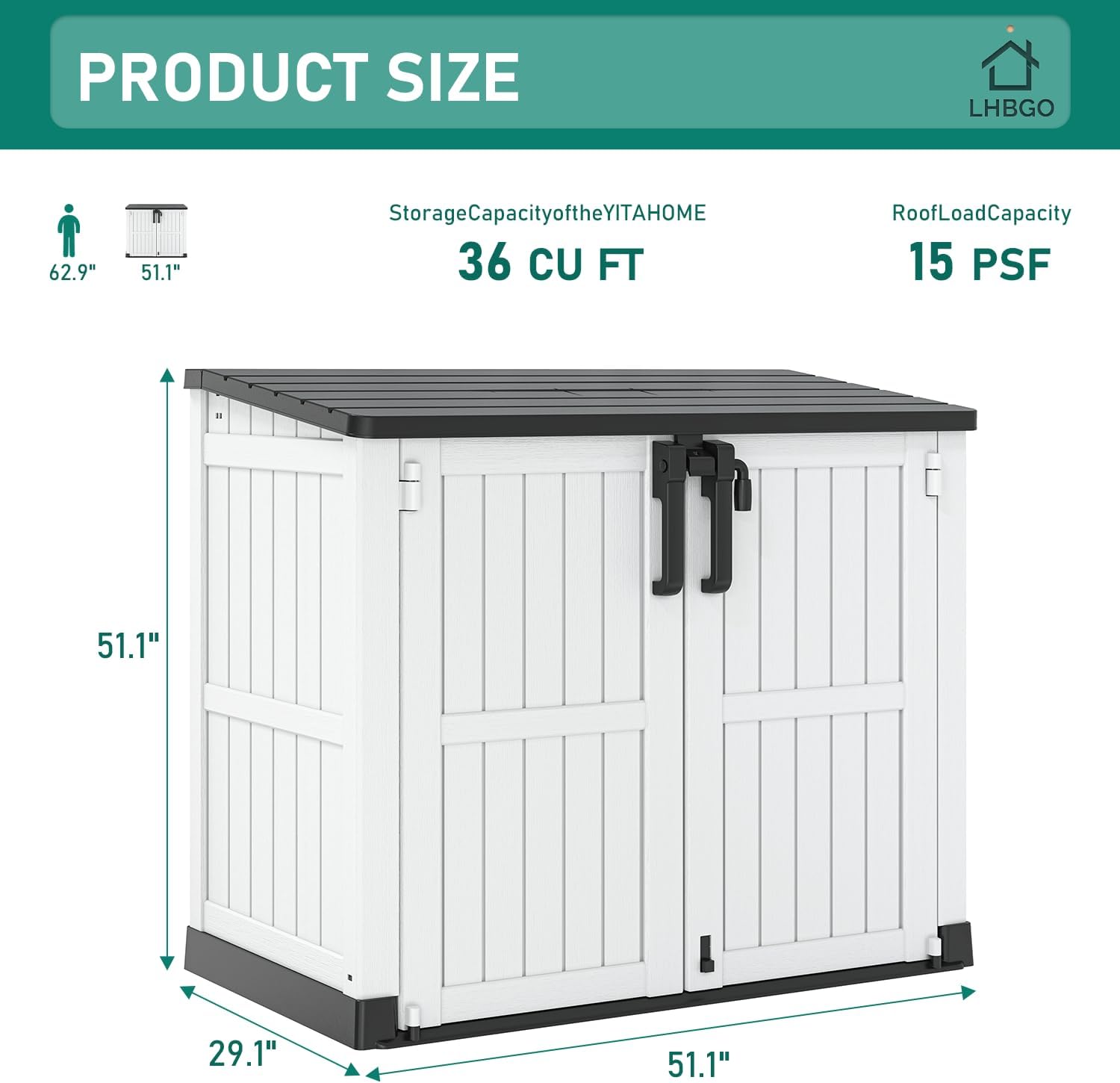 Outdoor Storage Shed 36 Cu. Ft.Horizontal Garden Storage Extra Large Capacity Weather Resistant Storage Box, Lockable Resin Waterproof Shed for Bike, Garbage Cans, Lawnmowe, Garden Tools