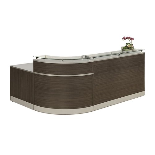 nbf signature series Esquire Modern Reception Desk - 79" W x 63" D Driftwood Laminate/Silver Laminate Desktop Kickplate and Accents/Checkout Counter Glass Top