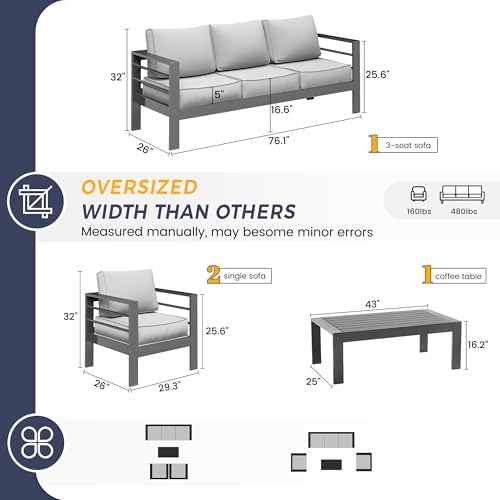 UDPATIO 8 Piece Aluminum Patio Furniture Set, Oversized Modern Outdoor Furniture Set with Olefin Fabric Cushion for Patio Deck Backyard, Dark Grey(with Waterproof Covers)