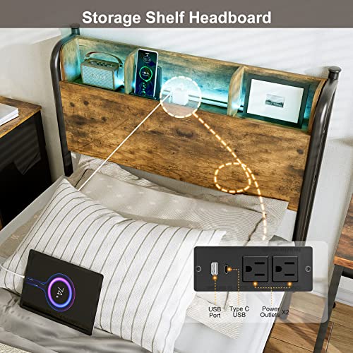 Queen Bed Frame with LED Lights and Charging Station, Queen Platform Bed with Storage Shelf Headboard, Strong Metal Slats Support, No Box Spring Needed, Noise Free, Easy Assembly - Black