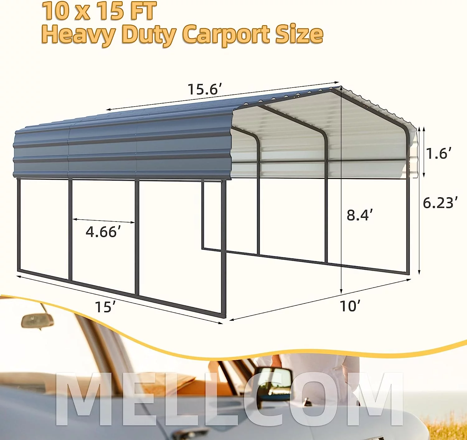 Hommow 10 x 15 ft Carport with Galvanized Steel Roof, Multi-Use Shelter, Sturdy Metal Carport for Cars, Boats, and Tractors
