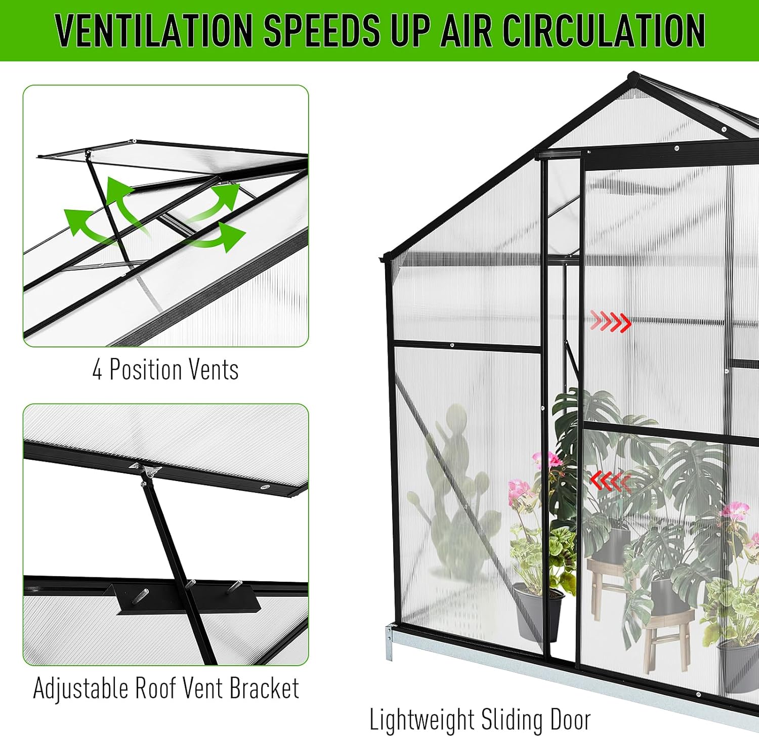 Zstar 10x6 FT Polycarbonate Greenhouses with Sliding Door and Adjustable Vent Window, Heavy Duty Outdoor Aluminum Walk-in Green House for Outdoor Garden Backyard, Greenhouses for Outdoors, Black