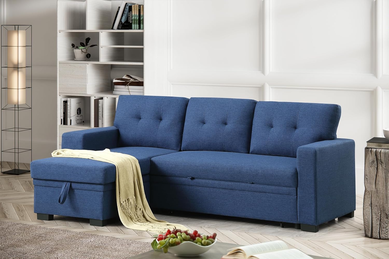 L-Shaped Sectional Sleeper Sofa with Reversible Storage Chaise, Hidden Compartment, Cup Holder, USB Port, and Pull-Out Bed, Upholstered Corner Couch for Living Room, Blue