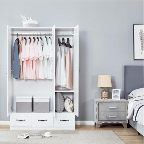 74" H 3 Doors 2 Drawers White Bedroom Wardrobe Armoire Closet Freestanding Clothes Storage Armoire Organizer with Hanging Rod Shelves Clothes Cabinet for Bathrooms Clothes Storage