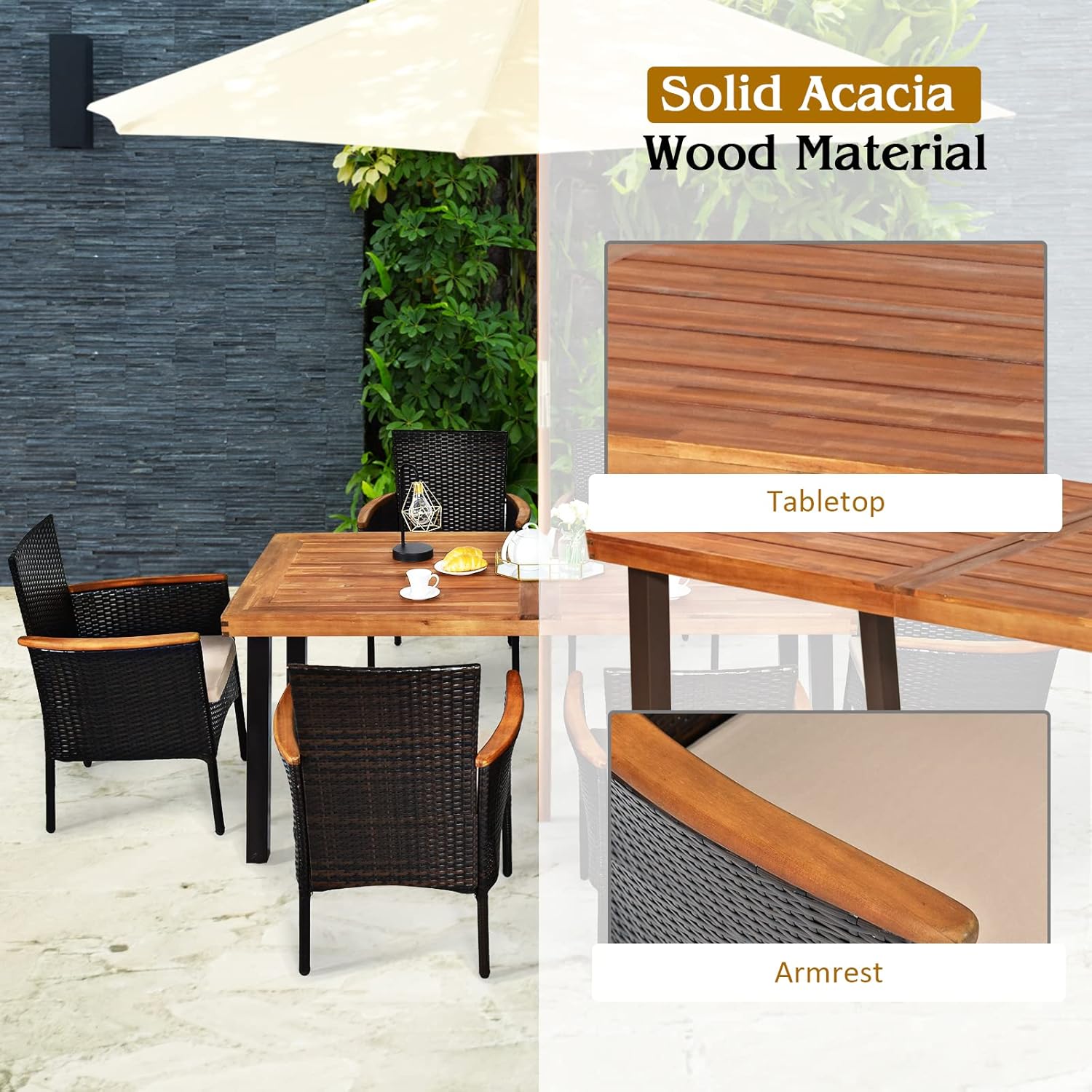 Tangkula 7 Pieces Patio Dining Set, Patiojoy Outdoor Conversation Set w/Acacia Wood Top Table & 6 Stackable Rattan Chairs, Wicker Dining Furniture w/Umbrella Hole, Steel Frame, Sponge Seat Cushions
