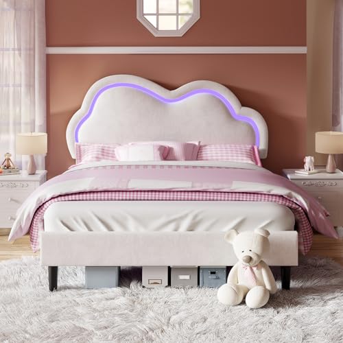 Jocisland LED Bed Frame Queen Size Velvet Upholstered Platform Bed with Adjustable Cloud Headboard, No Box Spring Needed, Easy Assembly, Cream