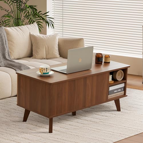 Mid-Century Modern Rectangular Wood Coffee Table with Dual Storage Shelf, Storage Center Coffee Tables with Waveform Panel Sliding Door Dining Table for Living Room Apartment(Walnut)