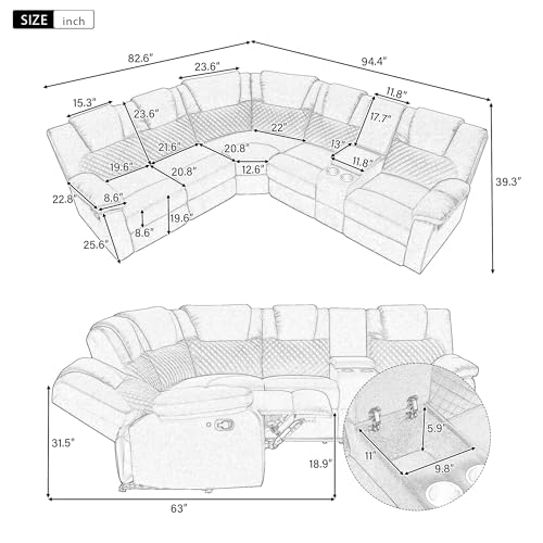 94'' L-Shaped Couch Sectional Sofa Couch, Manual Power Reclining Sectional Couch with LED Light and Storage Box, Velvet Triple Reclining Sofa with Two Cup Holders, Couches for for Living Room