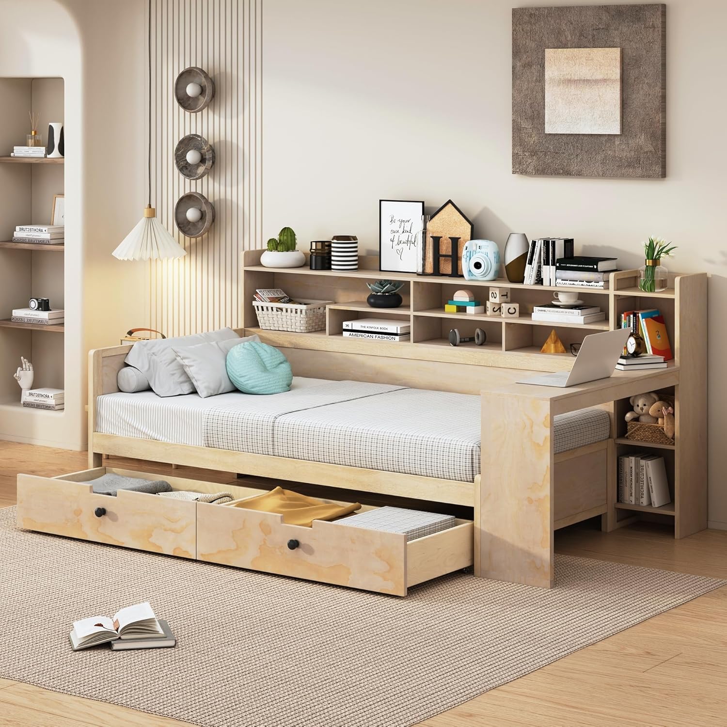 Twin Size Wooden Captain Bed Daybed with Storage Bookshelf, Study Desk and 2 Drawers, Multi-functional Storage Bed Frame for Bedroom Furniture, Space-Saving, Natural